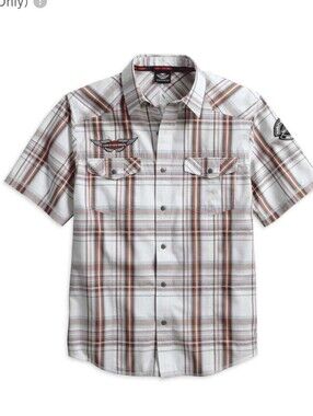 Harley Davidson Men Embroidered Plaid Short Sleeve Woven Shirt Size Medium